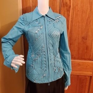 Obstinee stretch sheer shirt jacket w ribbon 2 zip